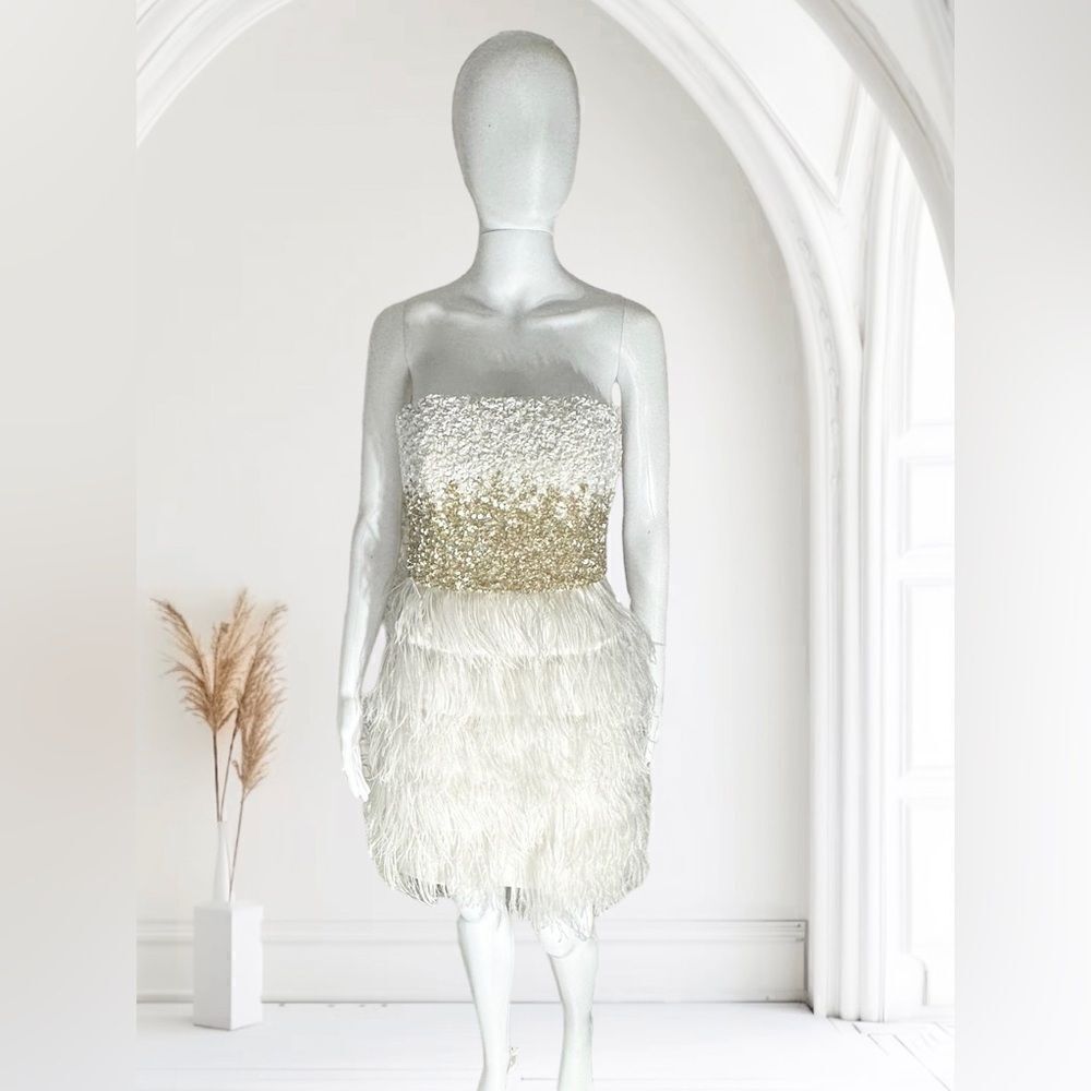 Badgley Mishcka White & Gold Strapless Feather Bottom Dress